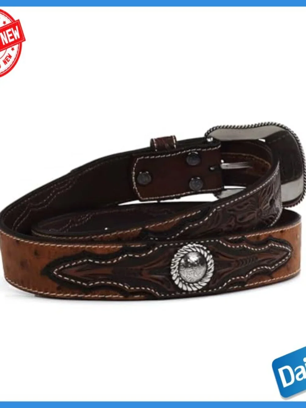 Men's Faux Ostrich Leather Belt with Floral Emboss and Silver Conchos